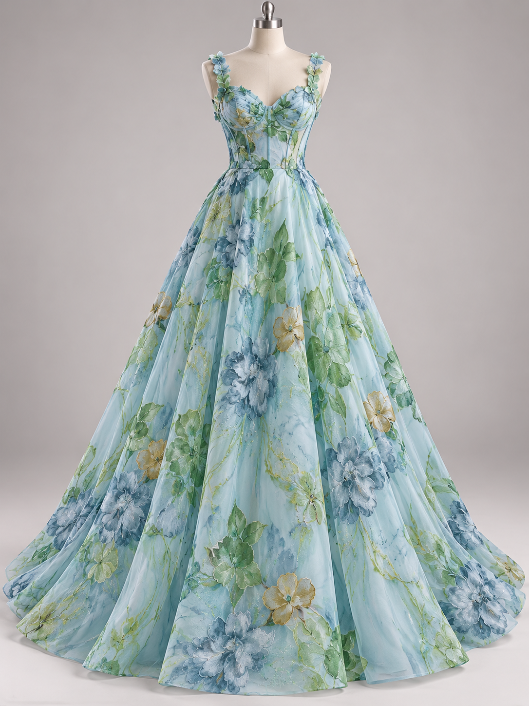 Inspiración de vestido generada con IA: Tul bordado color verde H224, ideal para vestidos de noche de boda y de XV años; se vende la tela.