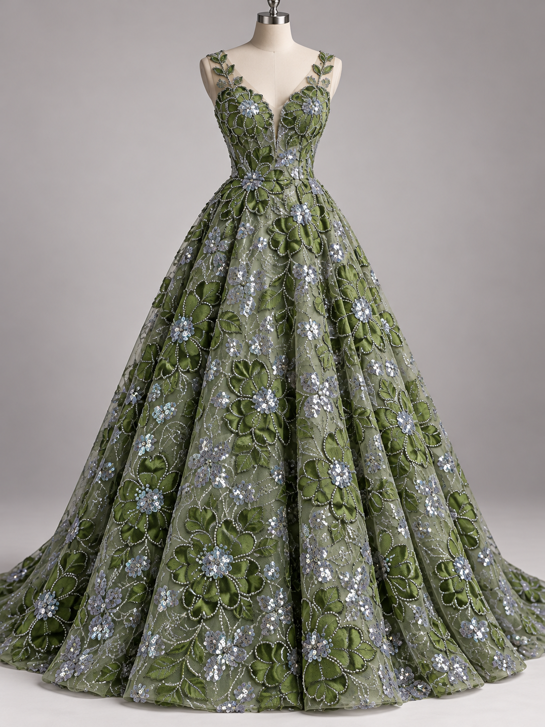 Inspiración de vestido generada con IA: Tul bordado color verde H234, ideal para vestidos de noche de boda y de XV años; se vende la tela.