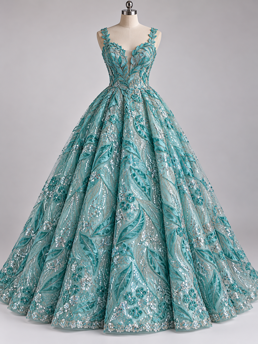 Inspiración de vestido generada con IA: Tul bordado color menta HH235, ideal para vestidos de noche de boda y de XV años; se vende la tela.