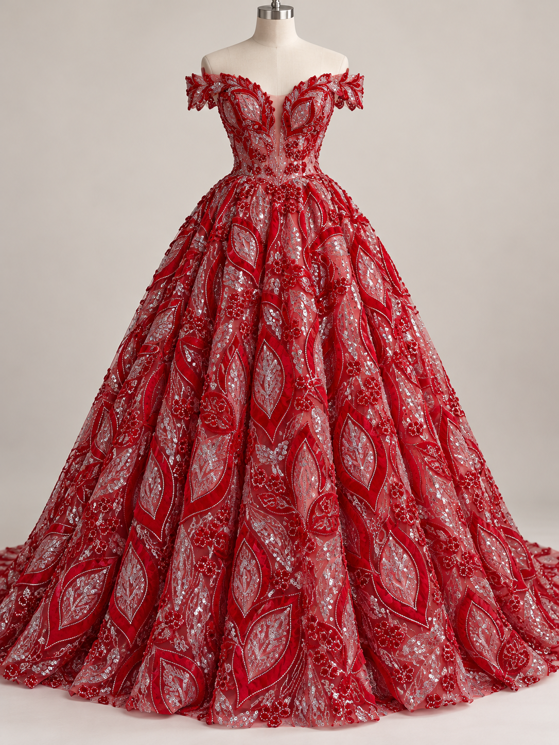 Inspiración de vestido generada con IA: Tul bordado color rojo HH235, ideal para vestidos de noche de boda y de XV años; se vende la tela.