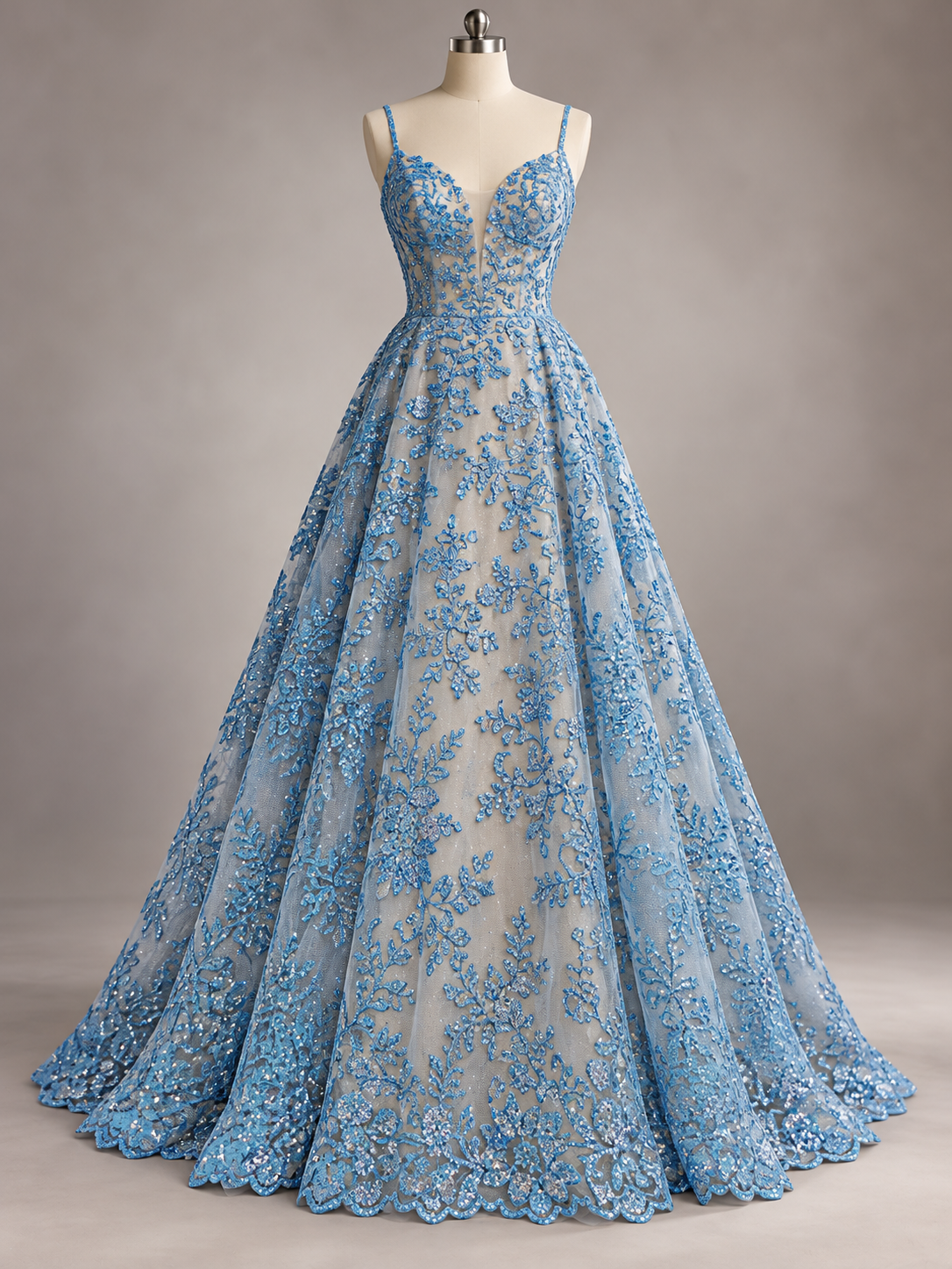 Inspiración de vestido generada con IA: Tul Bordado Con Estampado en Glitter Diseño Floral Color Azul- HH240  ideal para vestidos de noche de boda y de XV años; se vende la tela.