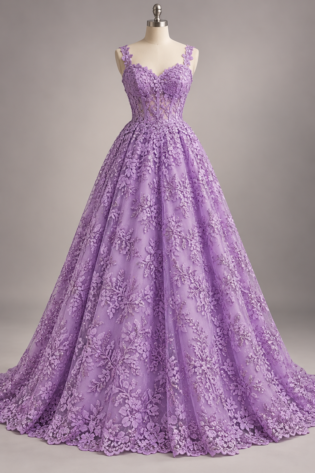 Inspiración de vestido generada con IA: Tul Bordado Con Estampado en Glitter Diseño Floral Color Lila- HH240  ideal para vestidos de noche de boda y de XV años; se vende la tela.