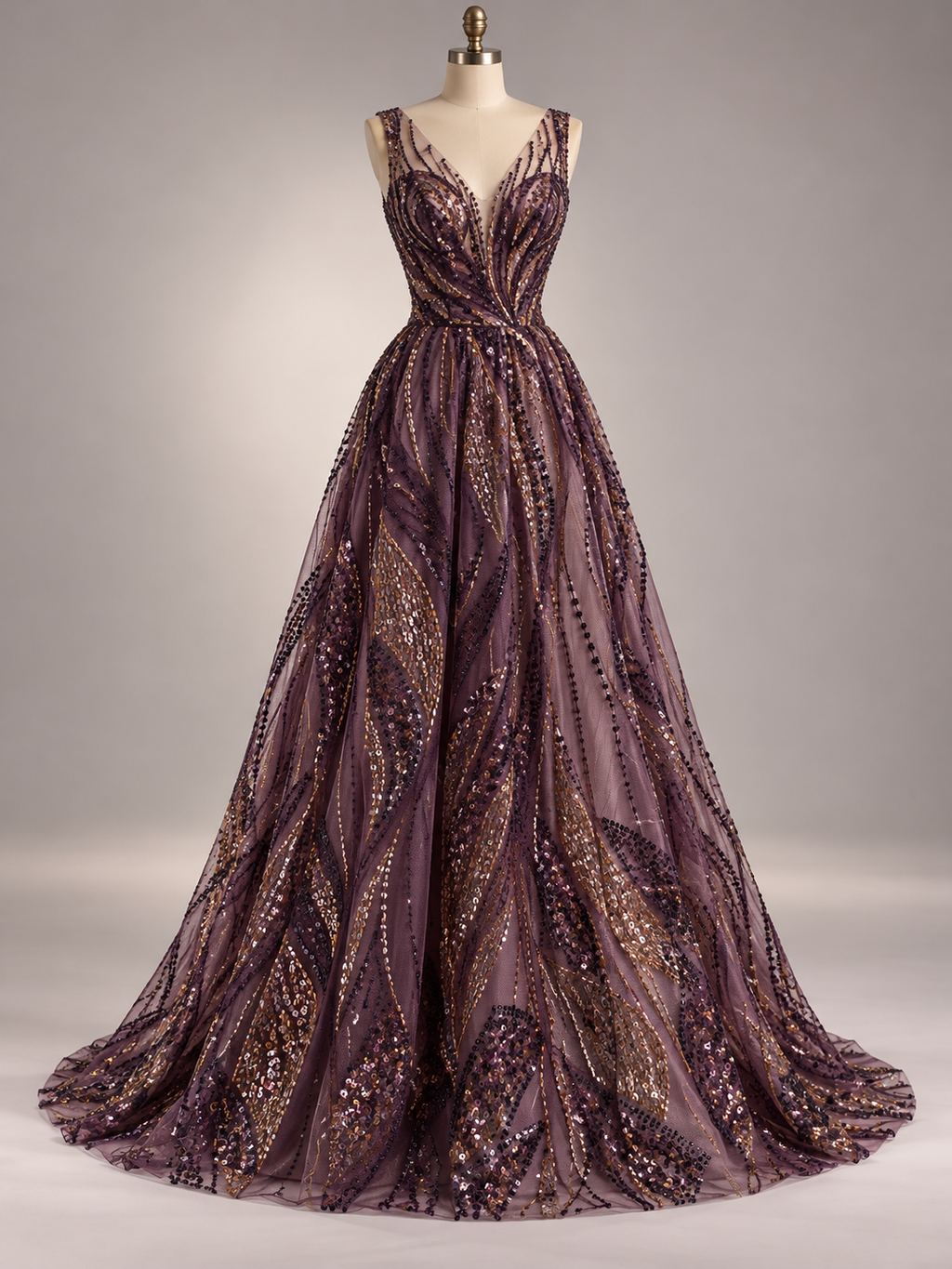 Inspiración de vestido generada con IA: Tul Bordado Con Lentejuela Y Chaquira Color Morado-HH170 ideal para vestidos de noche de boda y de XV años; se vende la tela.