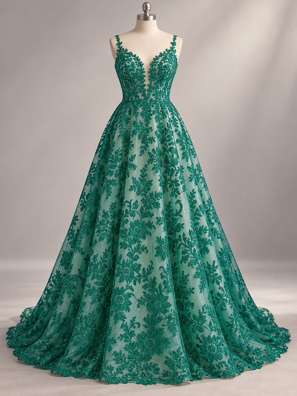 Inspiración de vestido generada con IA: Tul Bordado Con Estampado en Glitter Diseño Floral Color Esmeralda- HH240 ideal para vestidos de noche de boda y de XV años; se vende la tela.