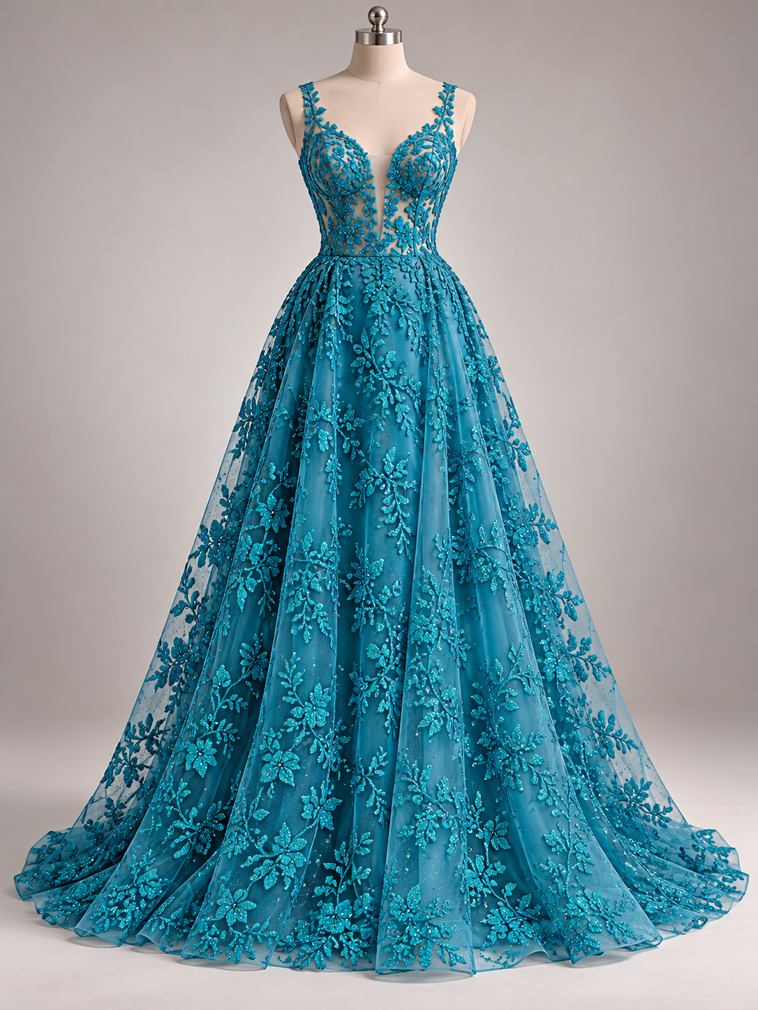 Inspiración de vestido generada con IA: Tul Bordado Con Estampado en Glitter Diseño Floral Color Plumbago- HH240  ideal para vestidos de noche de boda y de XV años; se vende la tela.