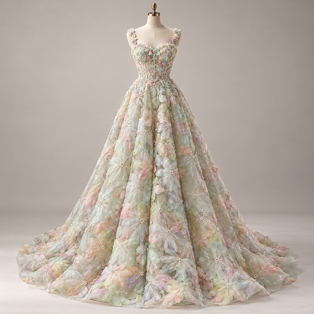 Inspiración de vestido generada con IA: Tul Bordado Floral Con Perlas, Chaquira Y Canutillo  Color Verde Oro- HH028 ideal para vestidos de noche de boda y de XV años; se vende la tela.