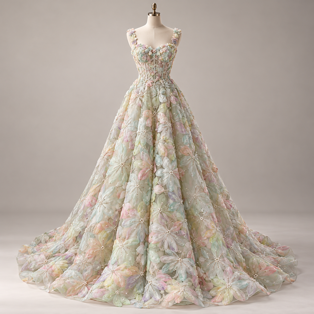Inspiración de vestido generada con IA: Tul Bordado Floral Con Perlas, Chaquira Y Canutillo  Color Verde Oro- HH028 ideal para vestidos de noche de boda y de XV años; se vende la tela.