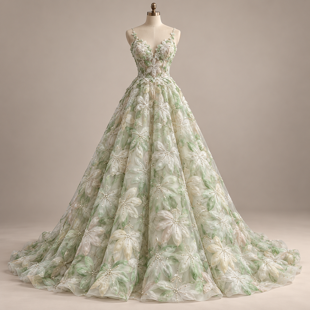Inspiración de vestido generada con IA: Tul Bordado Floral Con Perlas, Chaquira Y Canutillo  Color Verde - HH028 ideal para vestidos de noche de boda y de XV años; se vende la tela.