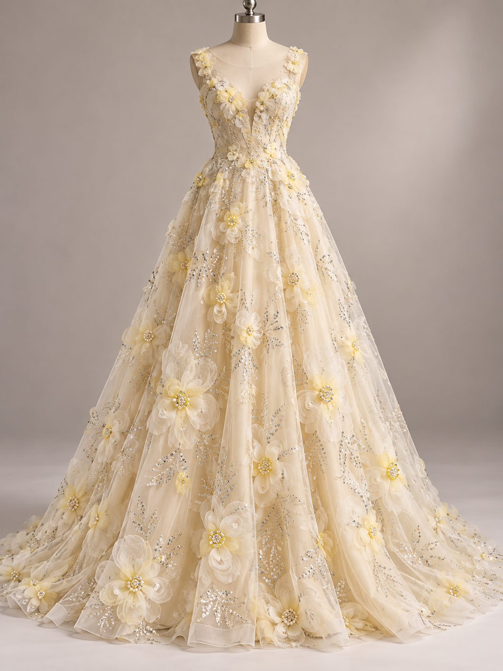 Inspiración de vestido generada con IA: Tul Bordado Flores En Relieve Con Lentejuela Y Chaquira Color Amarillo/ Verde - HH033 ideal para vestidos de noche de boda y de XV años; se vende la tela.