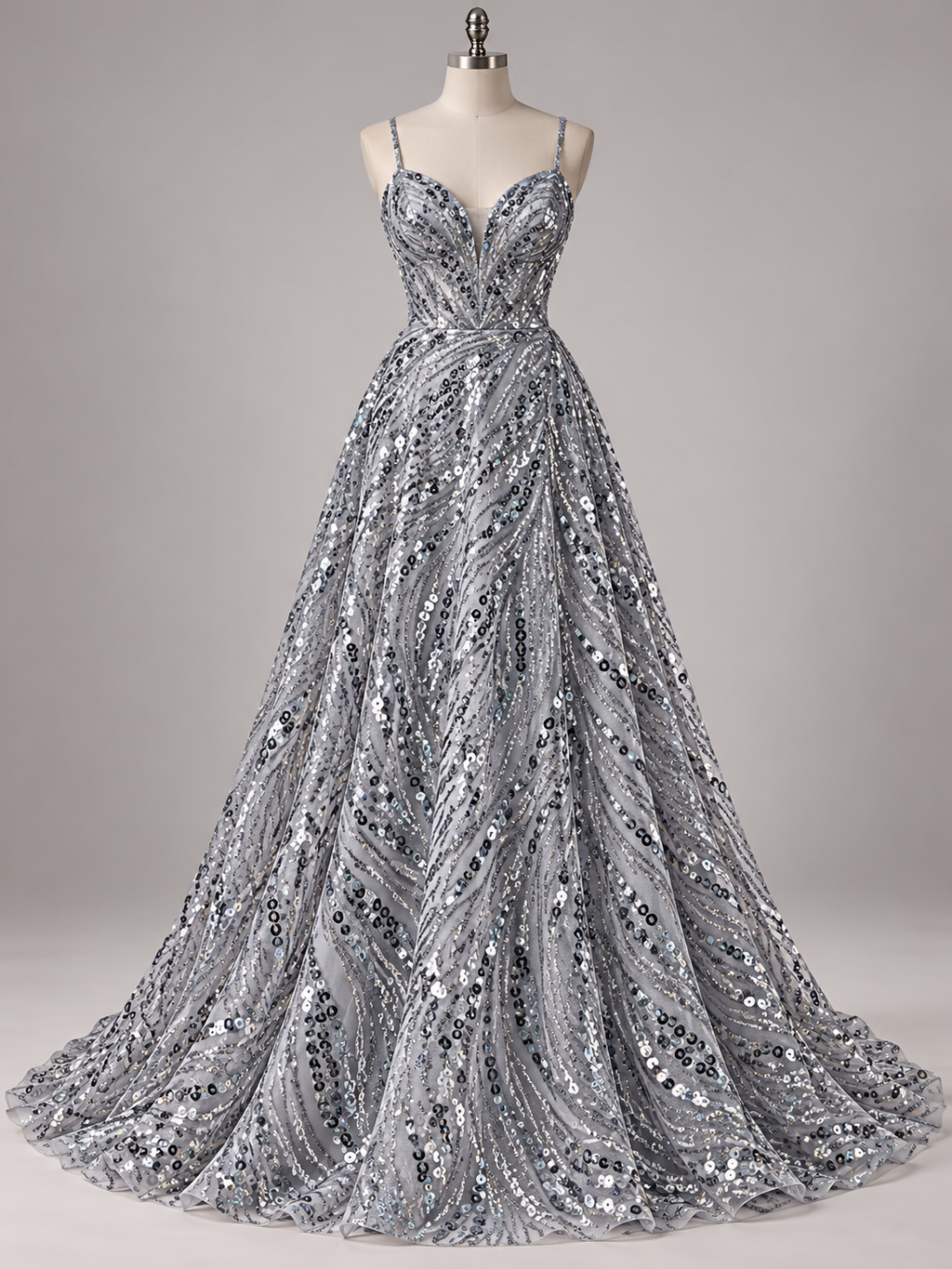 Inspiración de vestido generada con IA: Tul Bordado Con Diseño, Glitter Y Lentejuela Color Plata- HH035 ideal para vestidos de noche de boda y de XV años; se vende la tela.