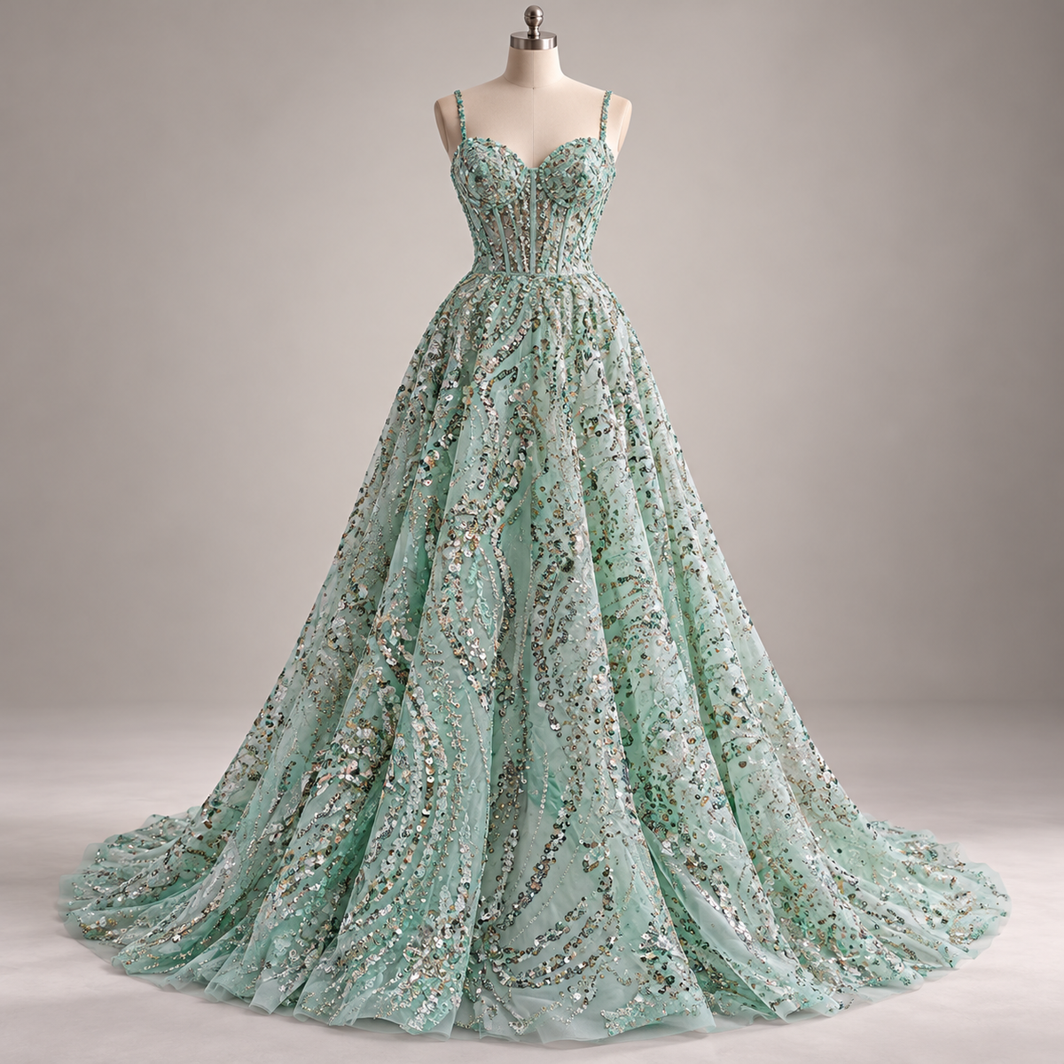 Inspiración de vestido generada con IA: Tul Bordado Con Diseño Con Lentejuela Y Chaquira Color Menta- HH043 ideal para vestidos de noche de boda y de XV años; se vende la tela.