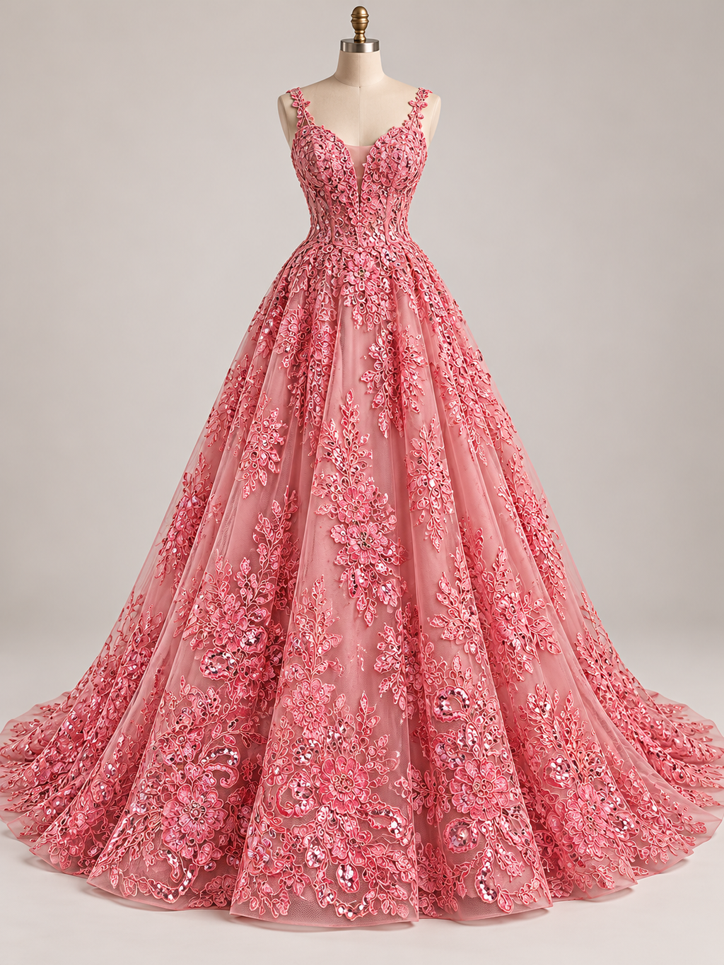 Inspiración de vestido generada con IA: Tul Bordado Con Diseño Floral Con Lentejuela Color Palo de Rosa- HH039 ideal para vestidos de noche de boda y de XV años; se vende la tela.
