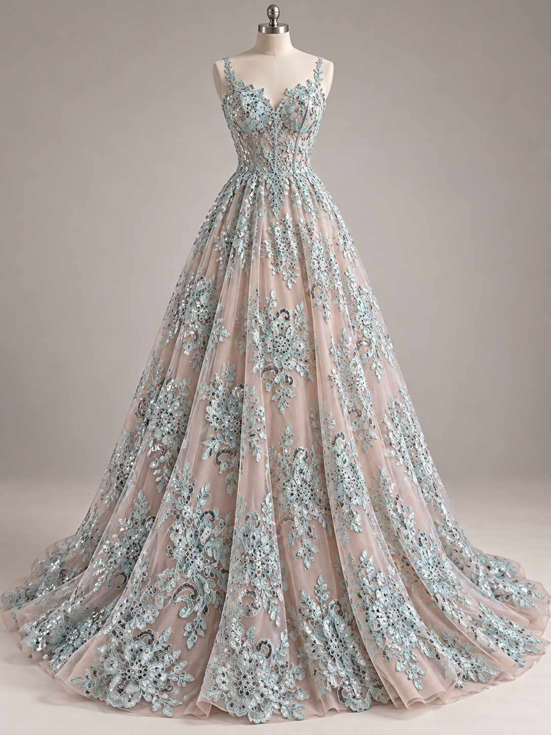 Inspiración de vestido generada con IA: Tul Bordado Con Diseño Floral Con Lentejuela Color Acua - HH039 ideal para vestidos de noche de boda y de XV años; se vende la tela.