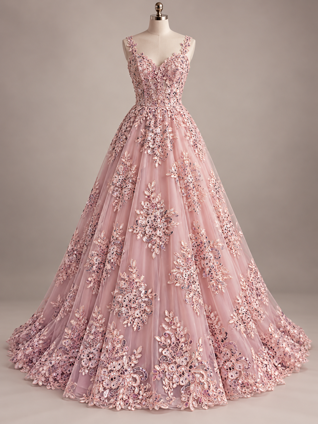 Inspiración de vestido generada con IA: Tul Bordado Con Diseño Floral Con Lentejuela Color Rosa- HH039 ideal para vestidos de noche de boda y de XV años; se vende la tela.