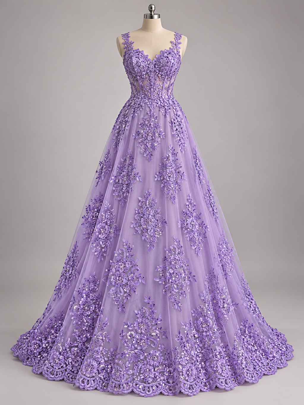 Inspiración de vestido generada con IA: Tul Bordado Con Diseño Floral Con Lentejuela Color Lila - HH039 ideal para vestidos de noche de boda y de XV años; se vende la tela.
