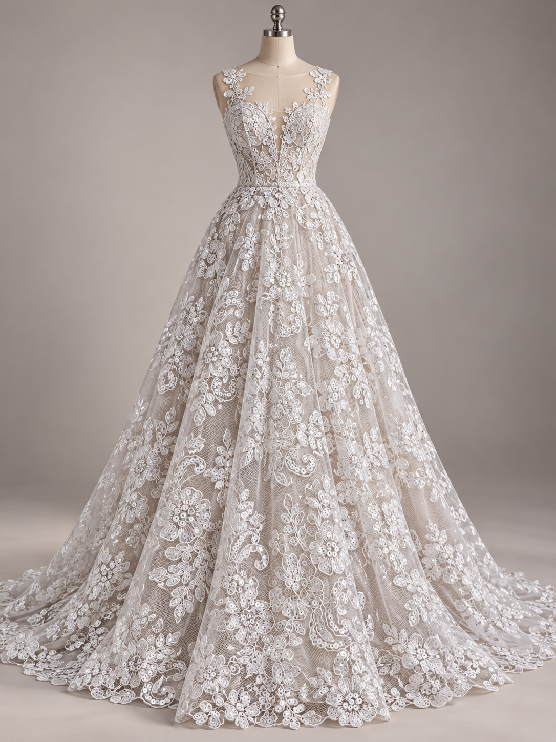 Inspiración de vestido generada con IA: Tul Bordado Con Diseño Floral Con Lentejuela Color Blanco - HH039 ideal para vestidos de noche de boda y de XV años; se vende la tela.