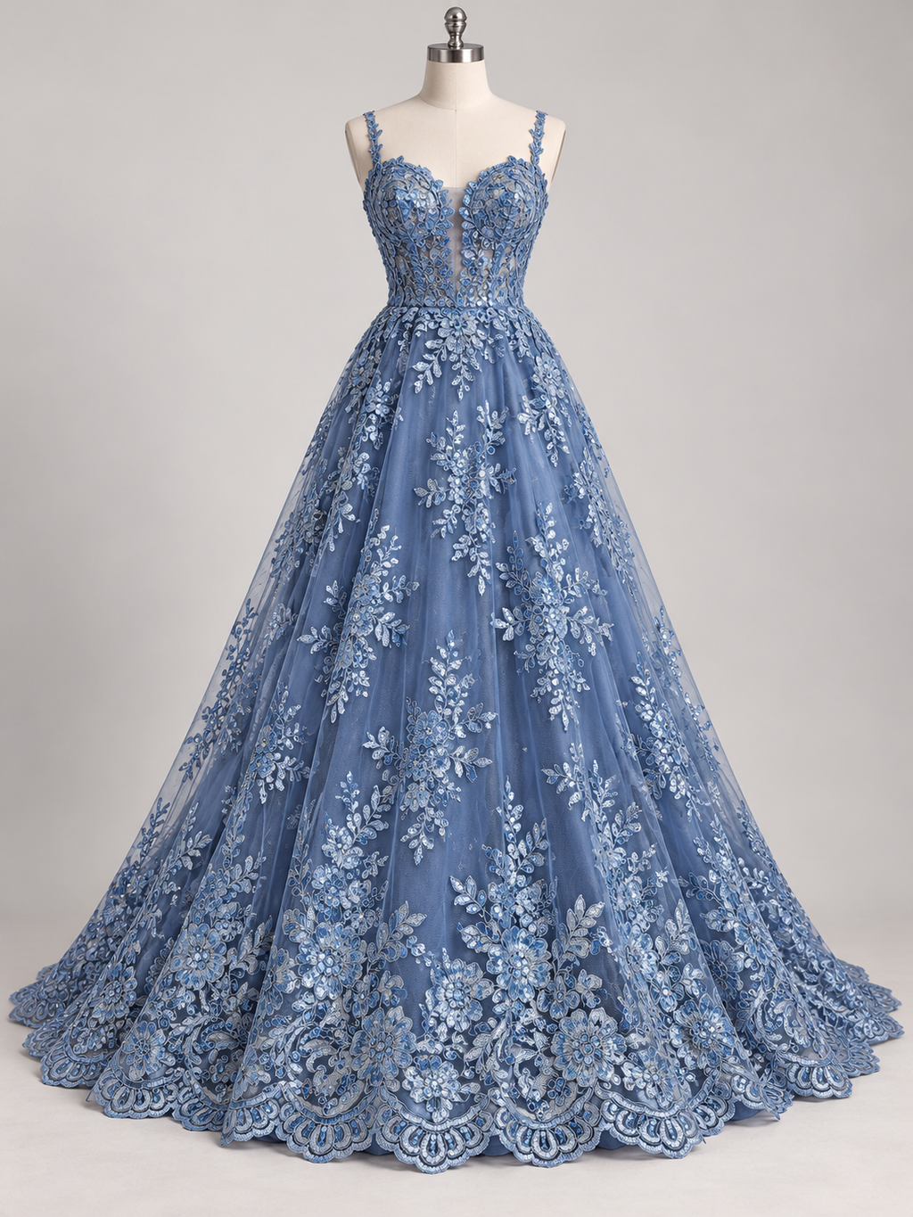 Inspiración de vestido generada con IA: Tul Bordado Con Diseño Floral Con Lentejuela Color Plumbago - HH039 ideal para vestidos de noche de boda y de XV años; se vende la tela.