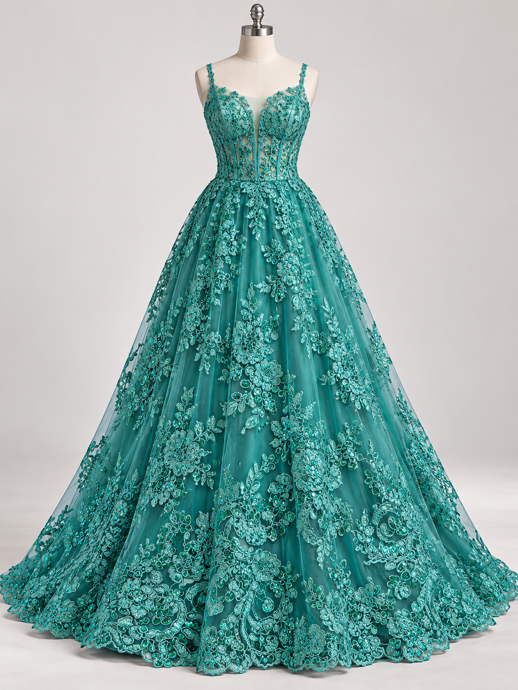 Inspiración de vestido generada con IA: Tul Bordado Con Diseño Floral Con Lentejuela Color Esmeralda - HH039 ideal para vestidos de noche de boda y de XV años; se vende la tela.