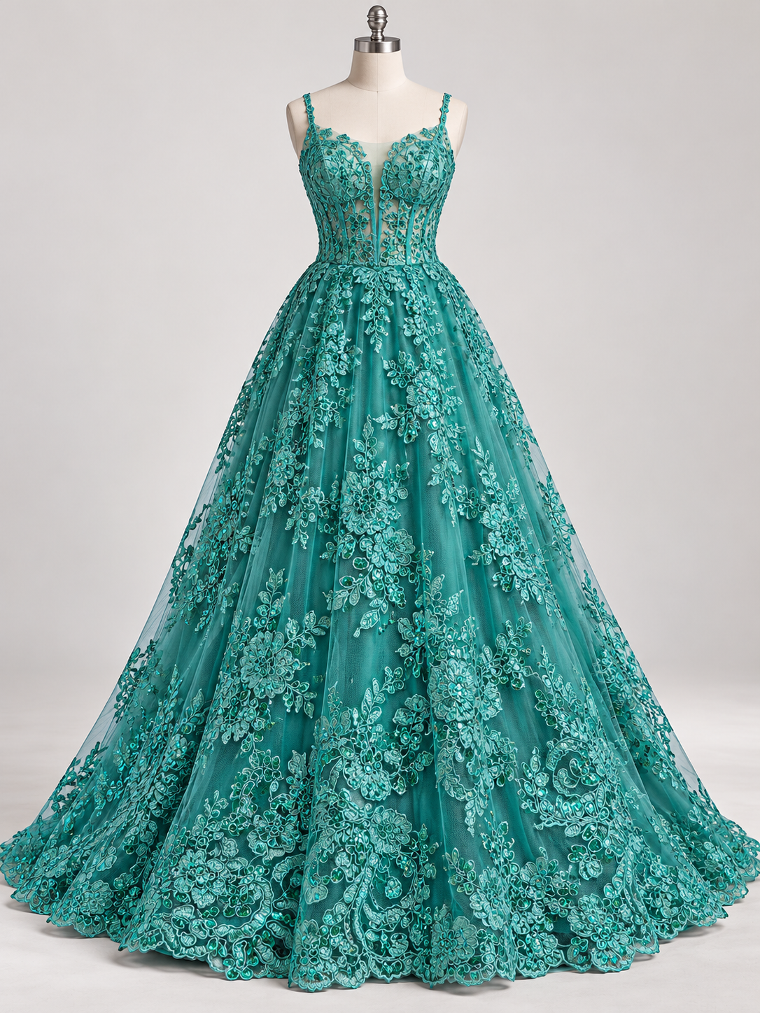 Inspiración de vestido generada con IA: Tul Bordado Con Diseño Floral Con Lentejuela Color Esmeralda - HH039 ideal para vestidos de noche de boda y de XV años; se vende la tela.