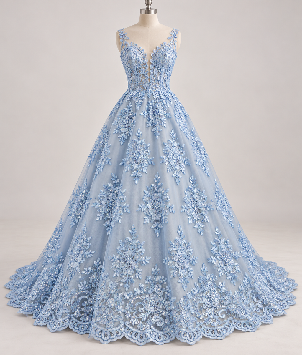 Inspiración de vestido generada con IA: Tul Bordado Con Diseño Floral Con Lentejuela Color Cielo- HH039 ideal para vestidos de noche de boda y de XV años; se vende la tela.