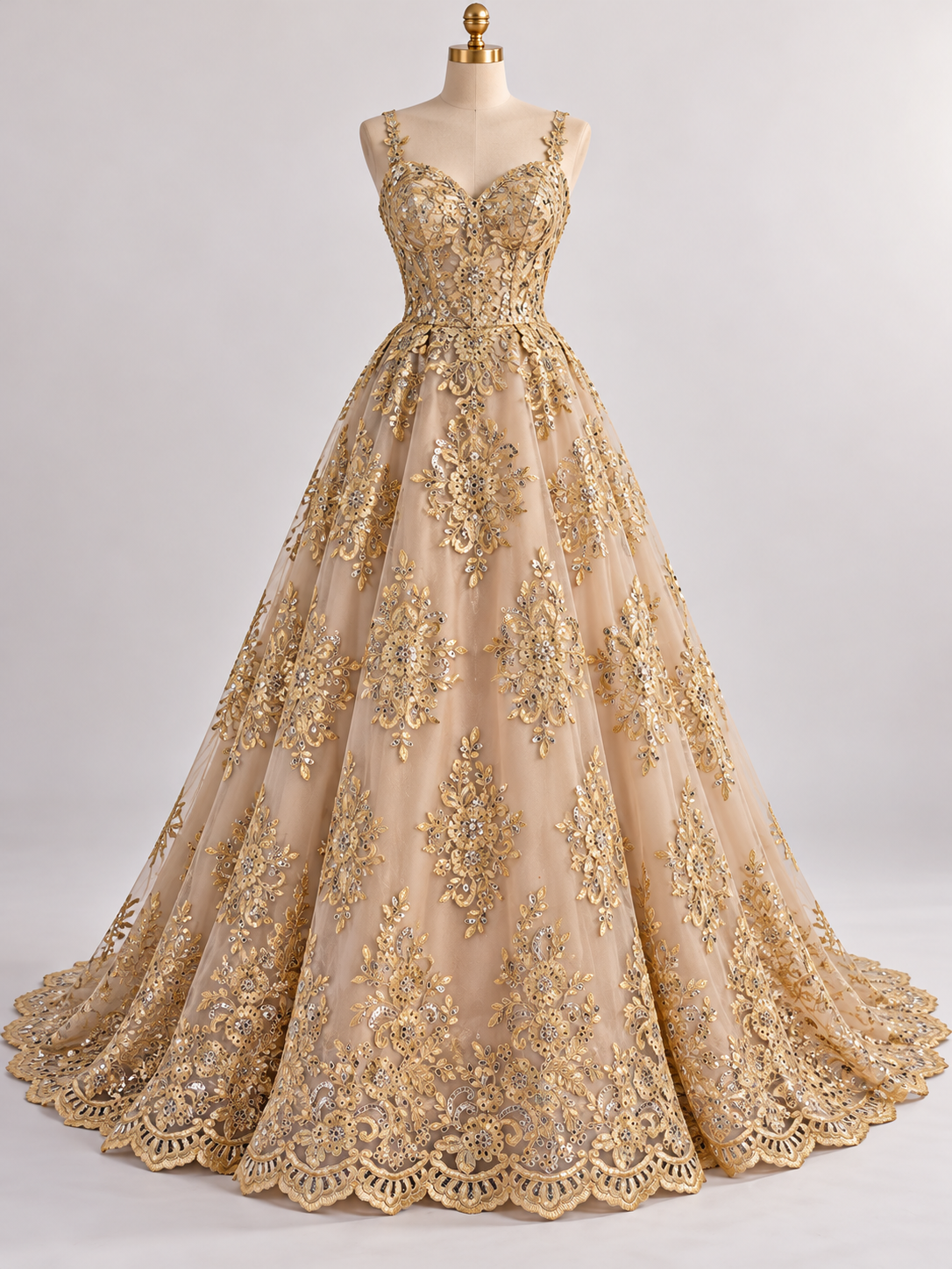 Inspiración de vestido generada con IA: Tul Bordado Con Diseño Floral Con Lentejuela Color Oro - HH039 ideal para vestidos de noche de boda y de XV años; se vende la tela.