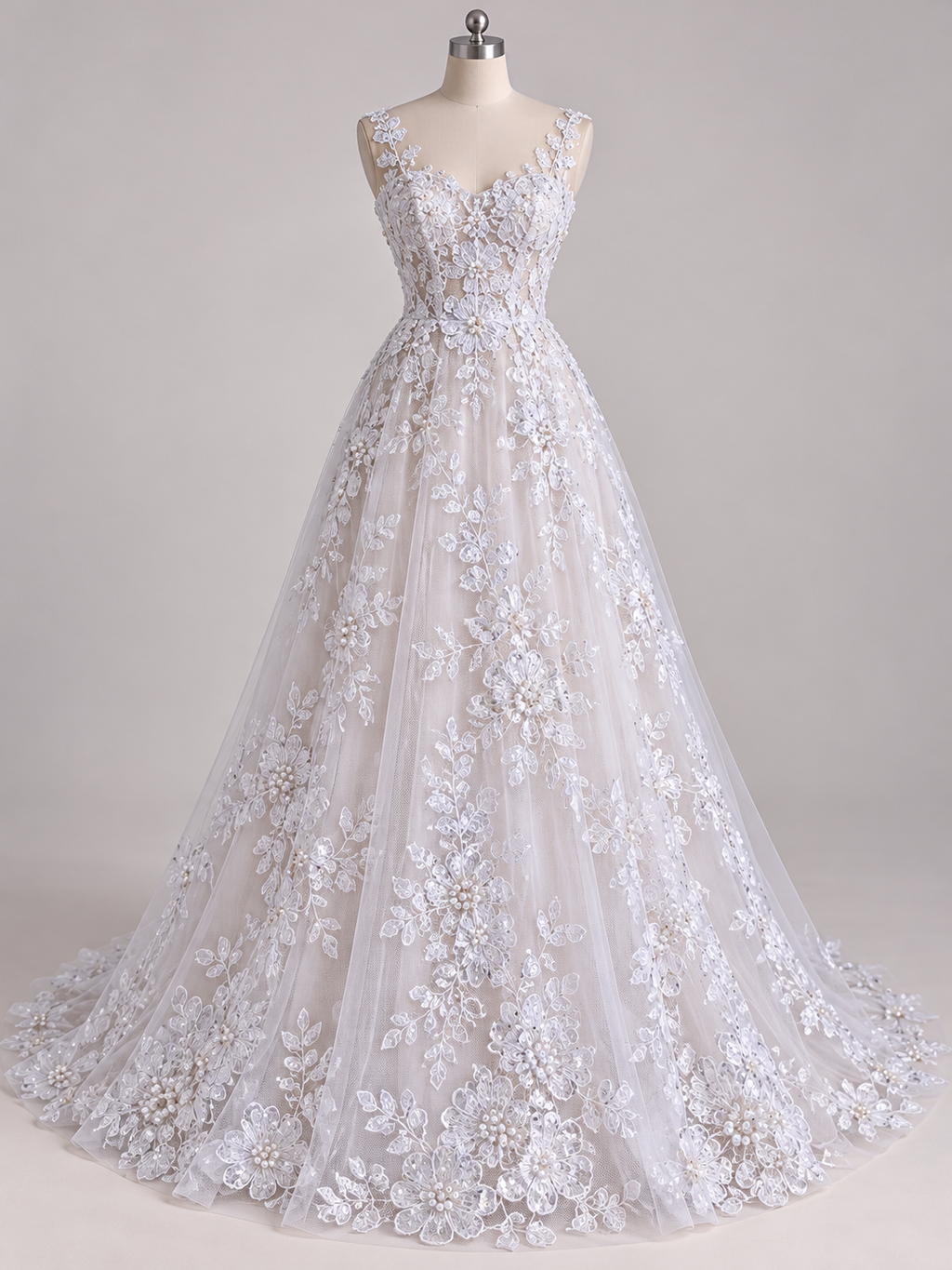 Inspiración de vestido generada con IA: Tul Bordado Con Diseño Floral Con Lentejuela Y Perla Color Blanco - HH047 ideal para vestidos de noche de boda y de XV años; se vende la tela.