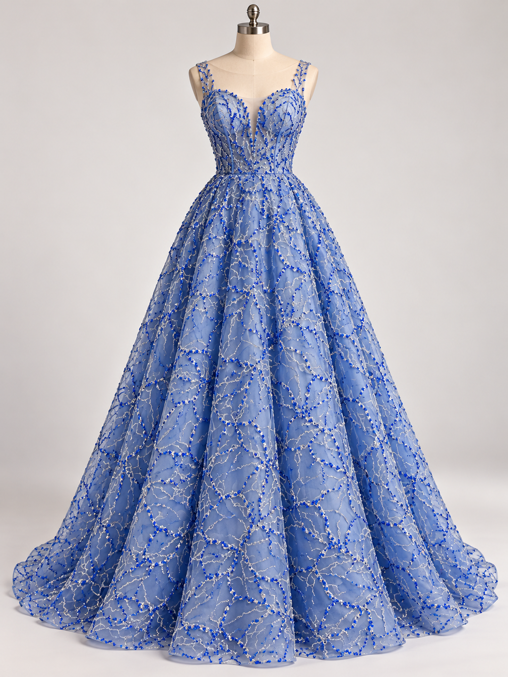 Inspiración de vestido generada con IA: Tul Bordado Con Diseño, Pedrería Y Glitter Color Azul Rey- HH124 ideal para vestidos de noche de boda y de XV años; se vende la tela.