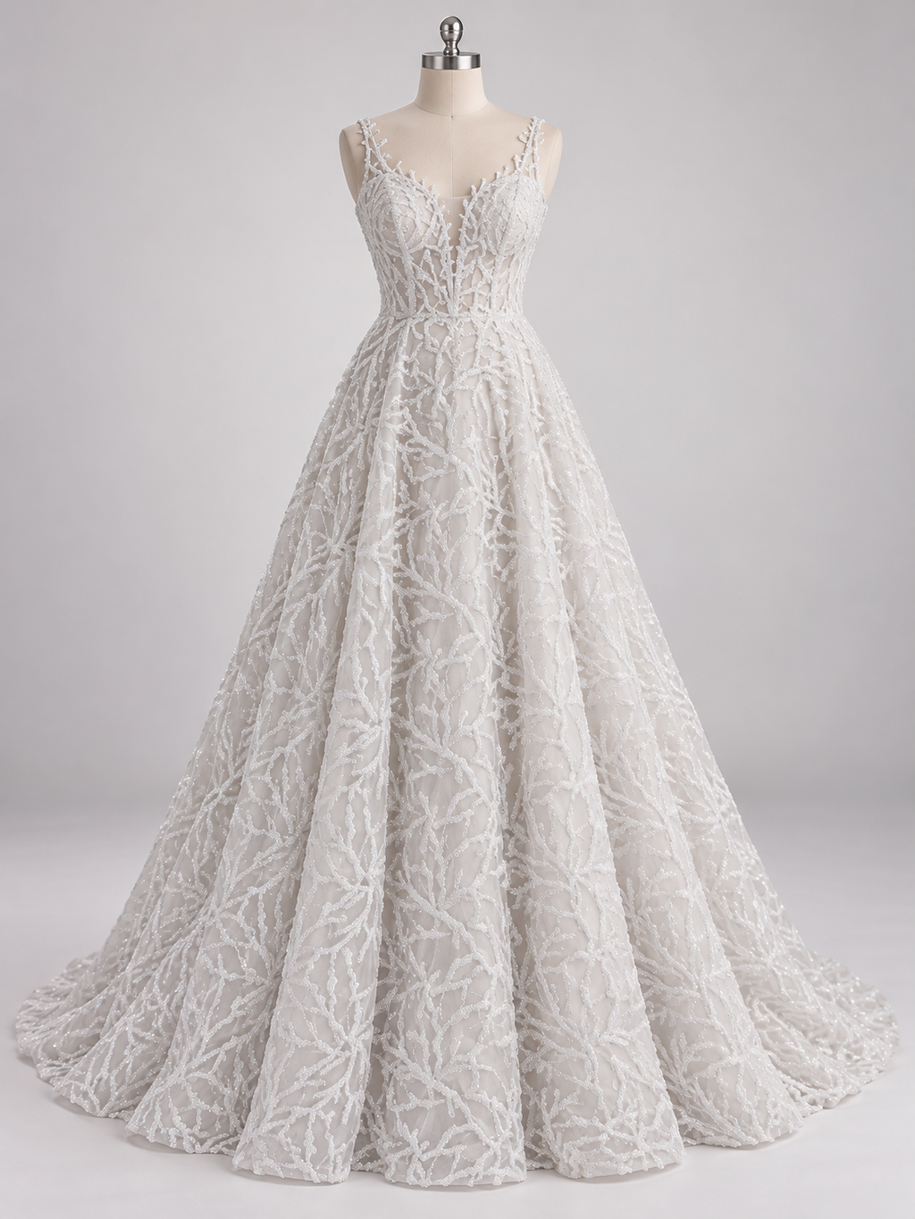 Inspiración de vestido generada con IA: Tul Bordado Con Diseño, Pedrería Y Glitter Color Blanco - HH124 ideal para vestidos de noche de boda y de XV años; se vende la tela.