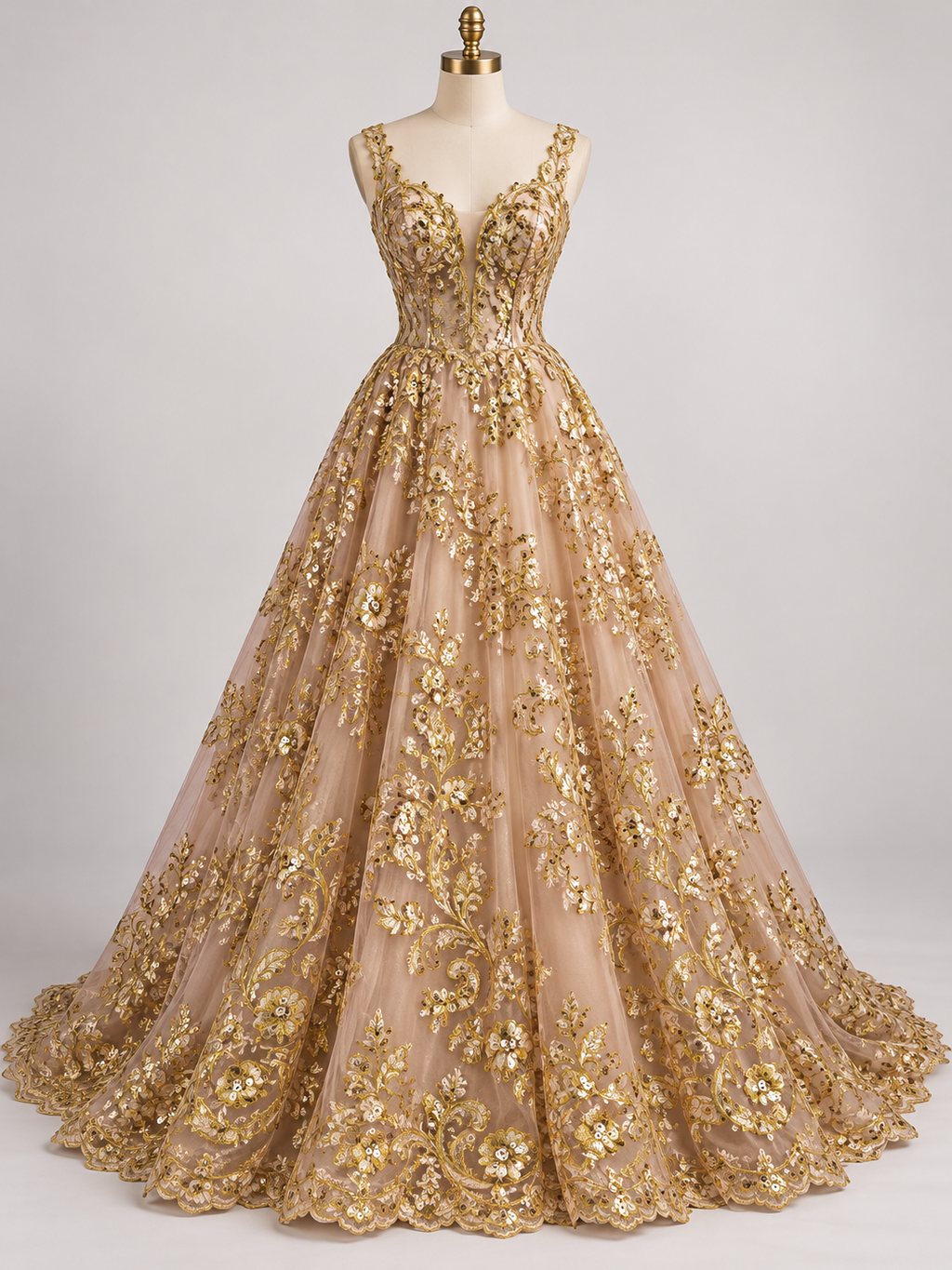 Inspiración de vestido generada con IA: Tul Bordado Con Diseño Floral Con Lentejuela Color Oro- HH143 ideal para vestidos de noche de boda y de XV años; se vende la tela.