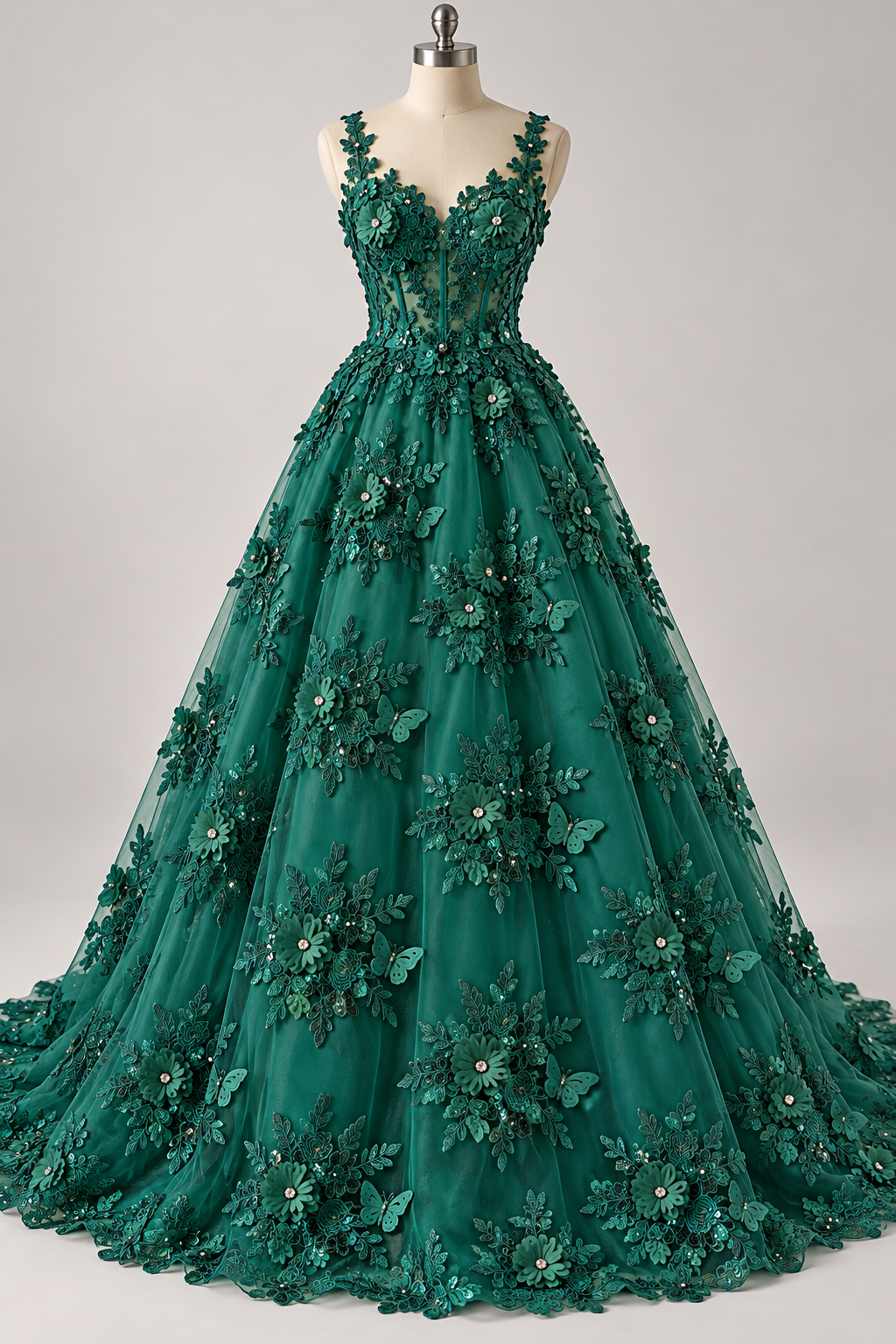 Inspiración de vestido generada con IA: Tul Bordado Con Floral 3D, Mariposas, Pedrería, Lentejuela Y Perlas Color Verde Esmeralda- HH157 ideal para vestidos de noche de boda y de XV años; se vende la tela.