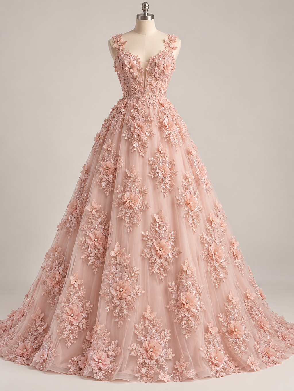 Inspiración de vestido generada con IA: Tul Bordado Con Floral 3D, Mariposas, Pedrería, Lentejuela Y Perlas Color Blush- HH157 ideal para vestidos de noche de boda y de XV años; se vende la tela.