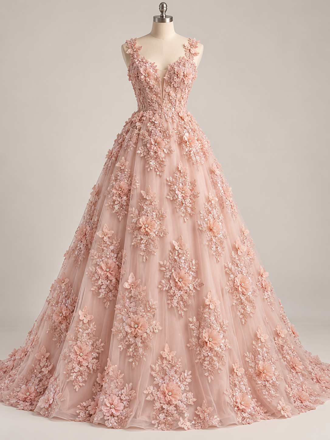 Inspiración de vestido generada con IA: Tul Bordado Con Floral 3D, Mariposas, Pedrería, Lentejuela Y Perlas Color Blush- HH157 ideal para vestidos de noche de boda y de XV años; se vende la tela.