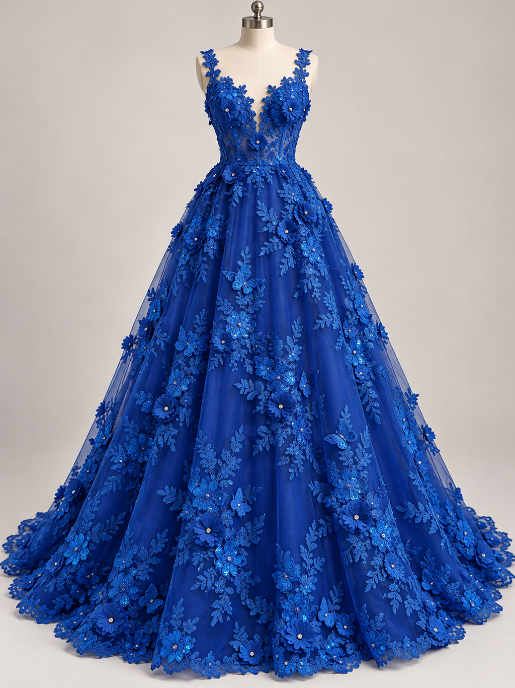 Inspiración de vestido generada con IA: Tul Bordado Con Floral 3D, Mariposas, Pedrería, Lentejuela Y Perlas Color Azul Rey- HH157 ideal para vestidos de noche de boda y de XV años; se vende la tela.