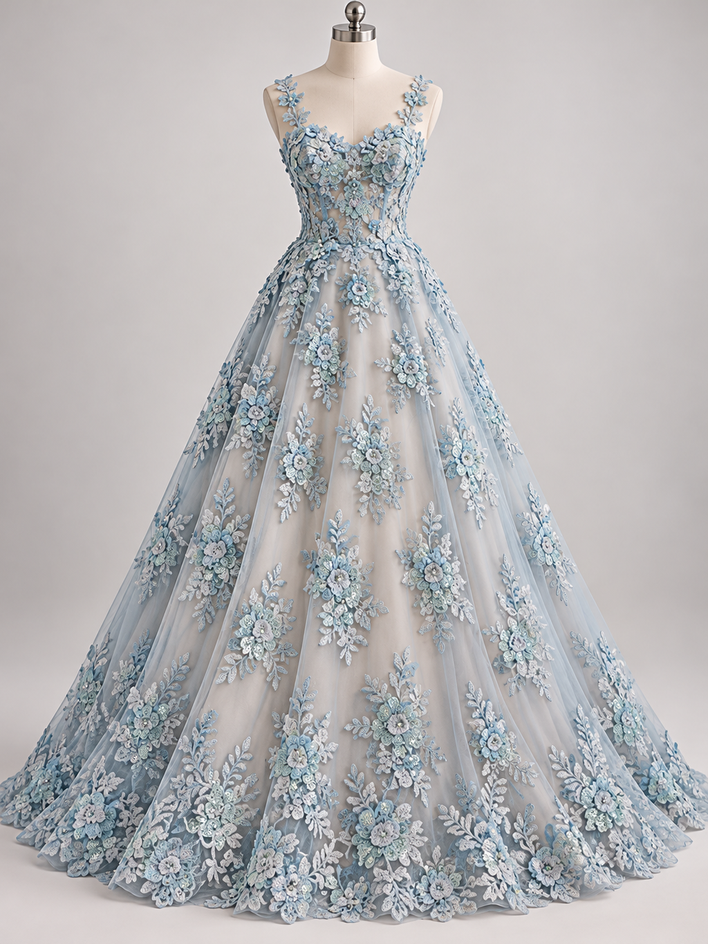 Inspiración de vestido generada con IA: Tul Bordado Con Floral 3D, Mariposas, Pedrería, Lentejuela Y Perlas Color Azul Cielo - HH157 ideal para vestidos de noche de boda y de XV años; se vende la tela.