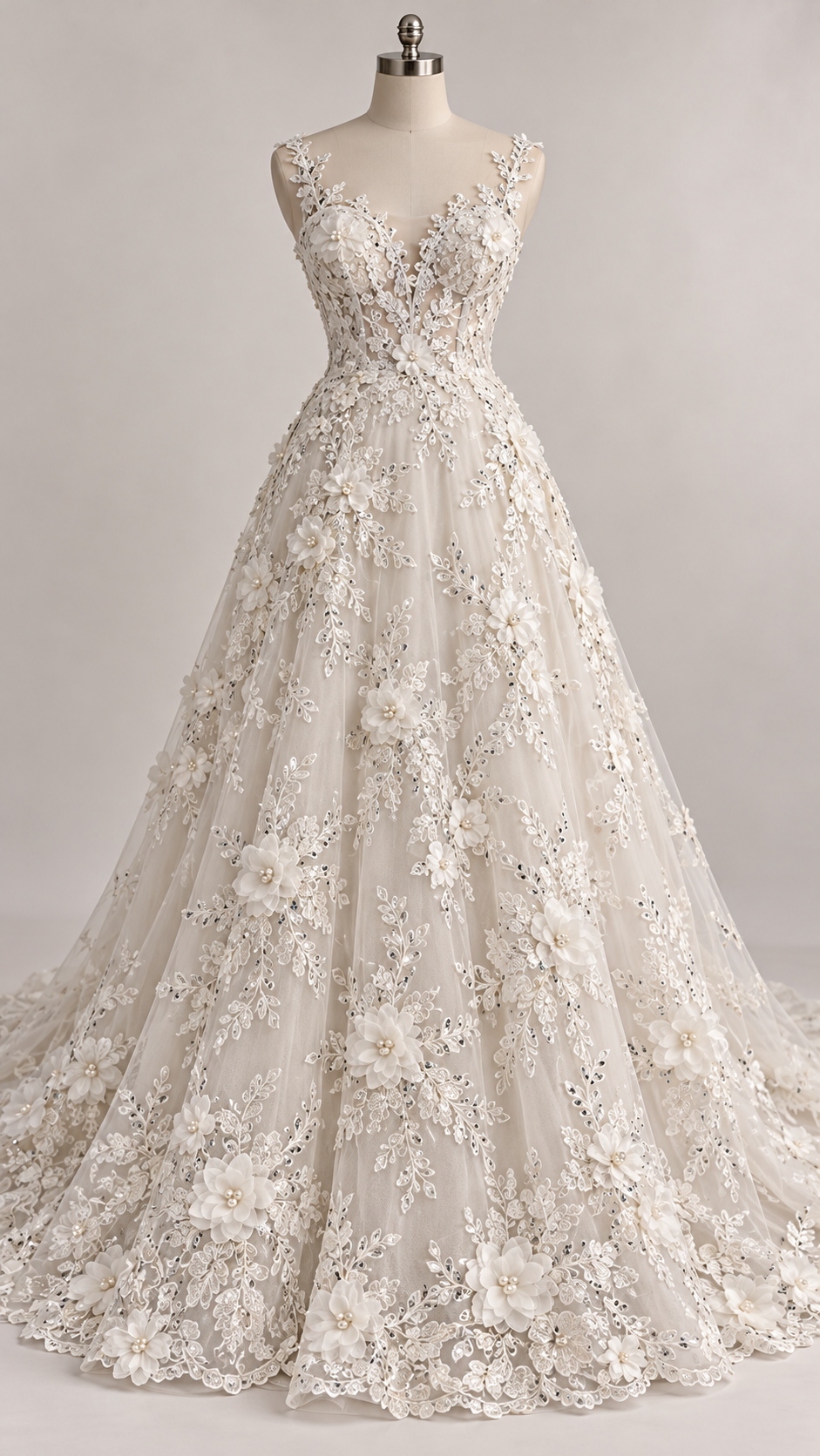 Inspiración de vestido generada con IA: Tul Bordado Con Floral 3D, Lentejuela Y Perlas Color Hueso- HH158 ideal para vestidos de noche de boda y de XV años; se vende la tela.