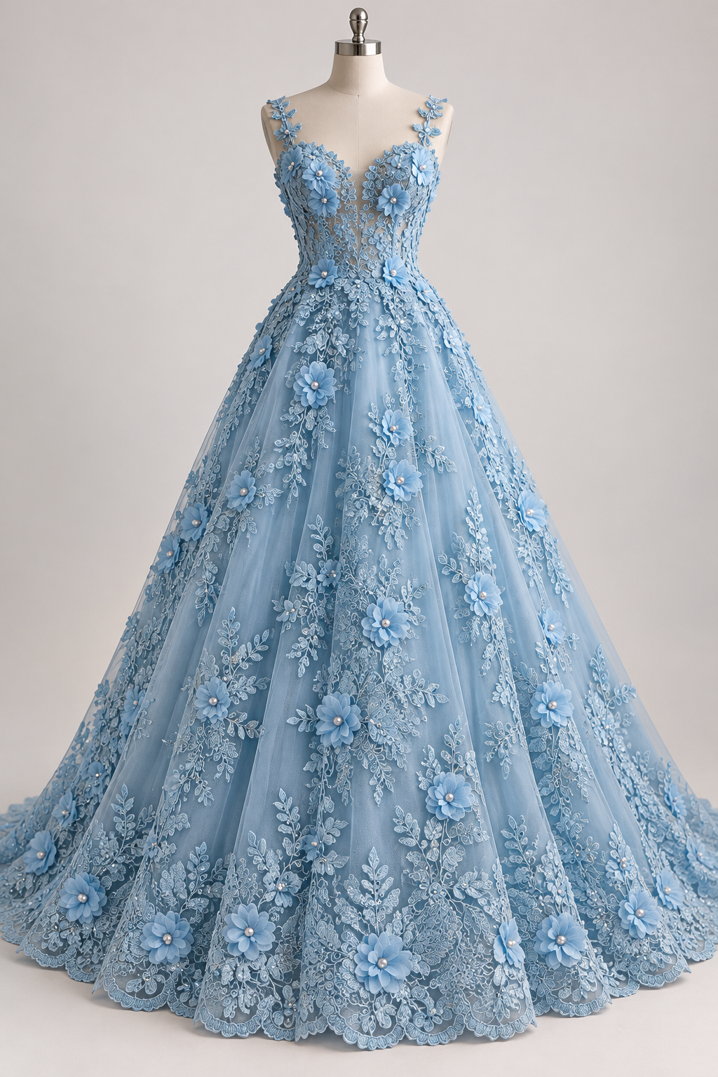 Inspiración de vestido generada con IA: Tul Bordado Con Floral 3D, Lentejuela Y Perlas Color Azul Cielo- HH158 ideal para vestidos de noche de boda y de XV años; se vende la tela.