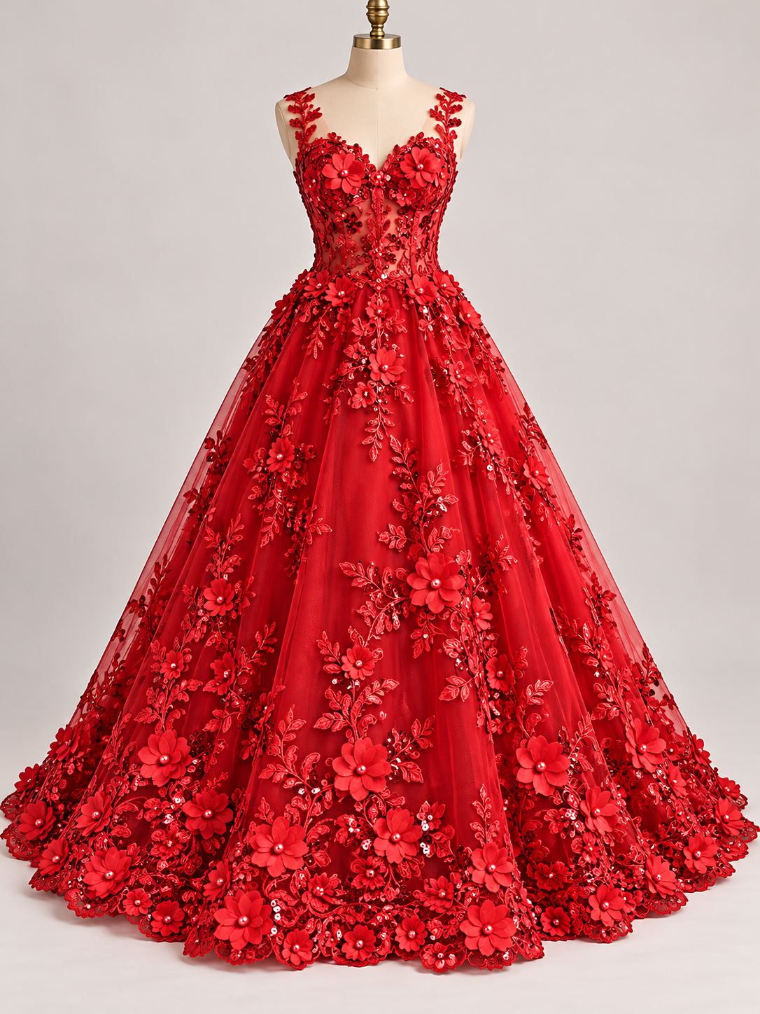 Inspiración de vestido generada con IA: Tul Bordado Con Floral 3D, Lentejuela Y Perlas Color Rojo- HH159 ideal para vestidos de noche de boda y de XV años; se vende la tela.