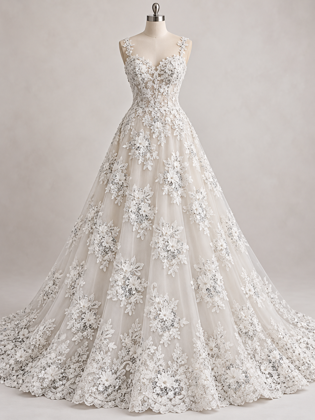 Inspiración de vestido generada con IA: Tul Bordado Con Floral 3D, Lentejuela Y Perlas Color Hueso- HH160 ideal para vestidos de noche de boda y de XV años; se vende la tela.