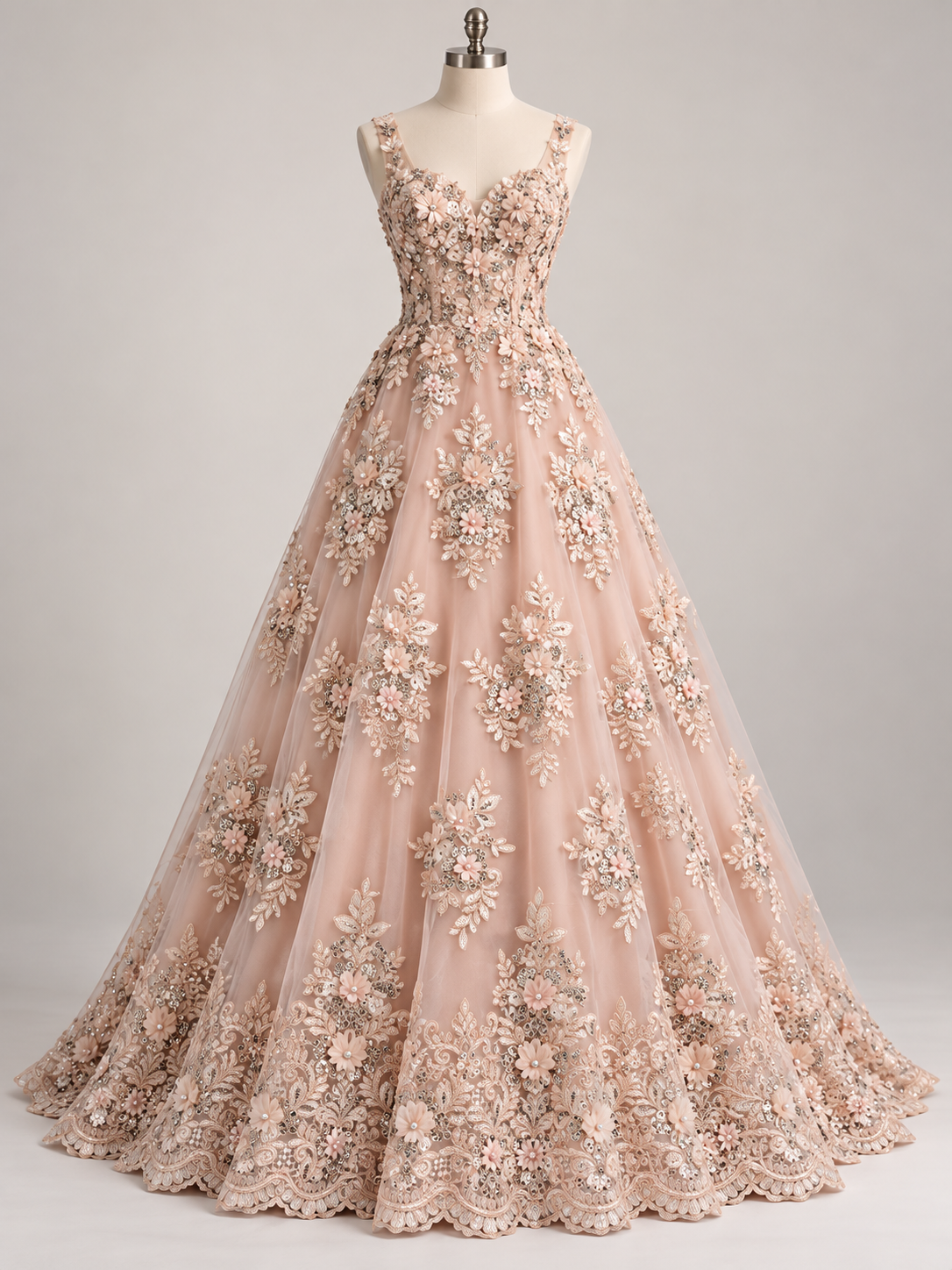 Inspiración de vestido generada con IA: Tul Bordado Con Floral 3D, Lentejuela Y Perlas Color Blush- HH160 ideal para vestidos de noche de boda y de XV años; se vende la tela.