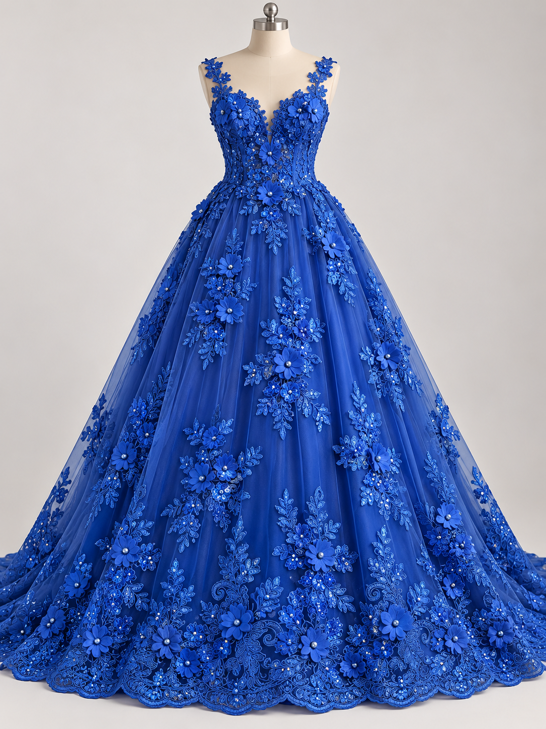 Inspiración de vestido generada con IA: Tul Bordado Con Floral 3D, Lentejuela Y Perlas Color Azul Rey- HH160 ideal para vestidos de noche de boda y de XV años; se vende la tela.