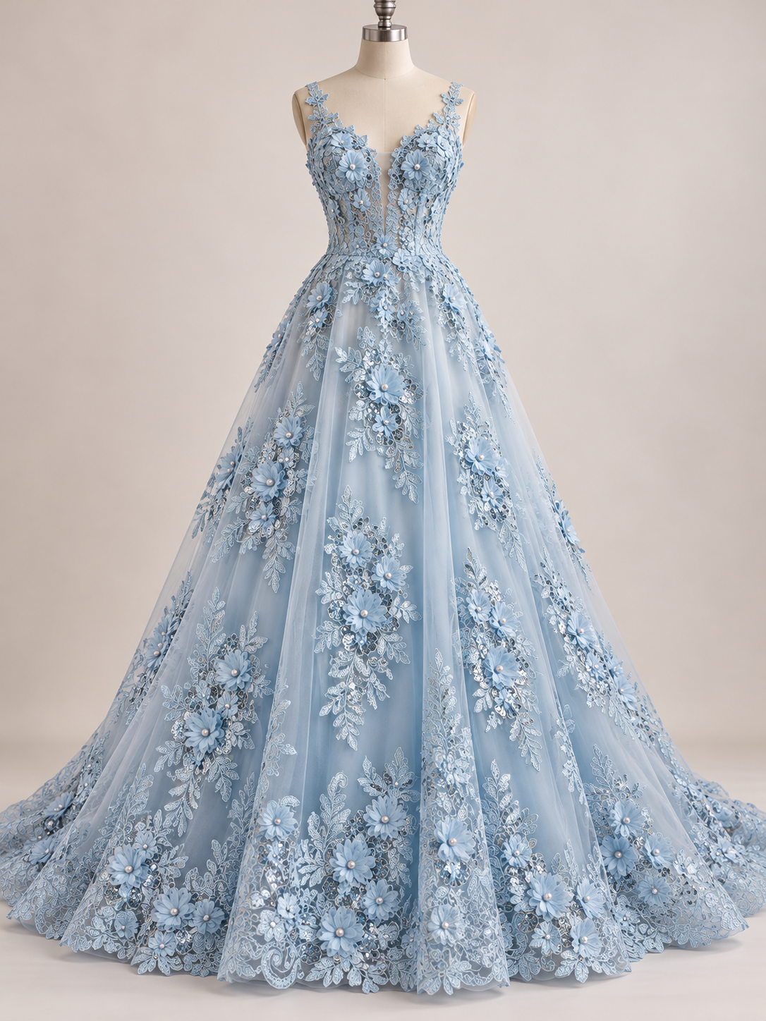 Inspiración de vestido generada con IA: Tul Bordado Con Floral 3D, Lentejuela Y Perlas Color Azul Cielo- HH160 ideal para vestidos de noche de boda y de XV años; se vende la tela.
