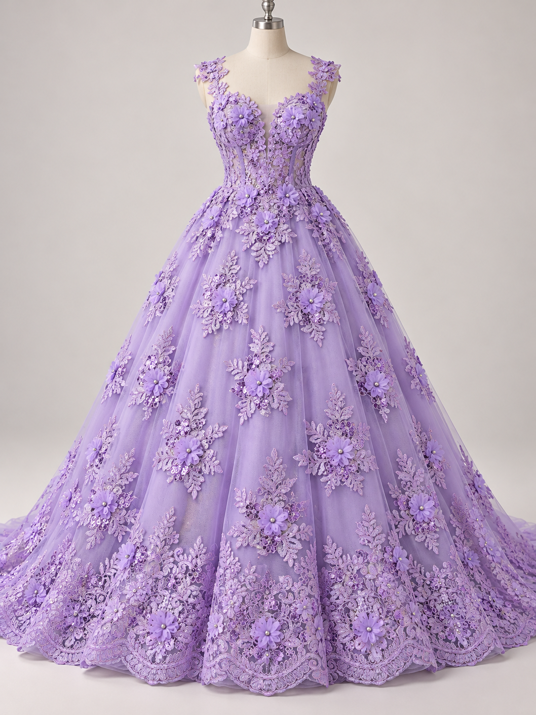Inspiración de vestido generada con IA: Tul Bordado Con Floral 3D, Lentejuela Y Perlas Color Lila- HH160 ideal para vestidos de noche de boda y de XV años; se vende la tela.