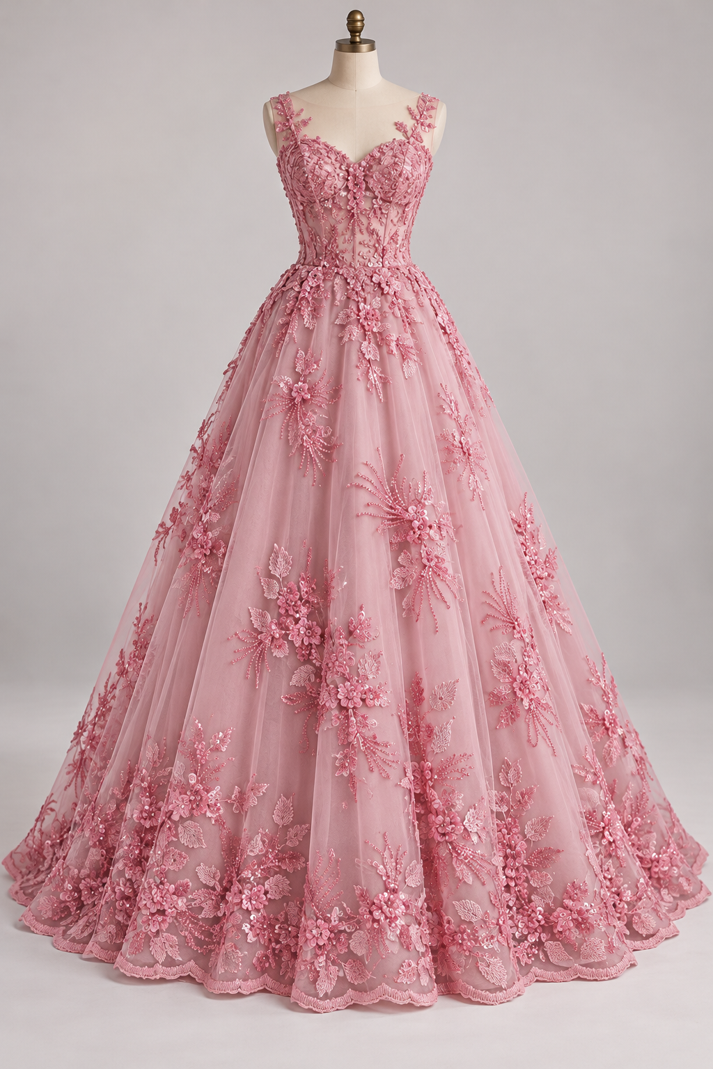 Inspiración de vestido generada con IA: Tul Bordado Con Floral, Lentejuela Y Chaquira Color Rosa Pastel- HH161 ideal para vestidos de noche de boda y de XV años; se vende la tela.