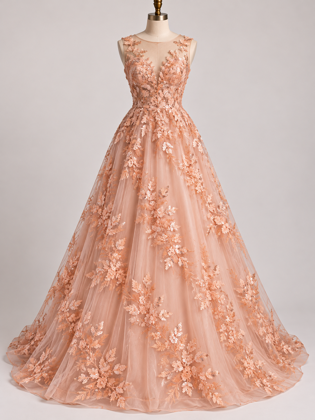 Inspiración de vestido generada con IA: Tul Bordado Con Floral, Lentejuela Y Chaquira Color Melón- HH161 ideal para vestidos de noche de boda y de XV años; se vende la tela.