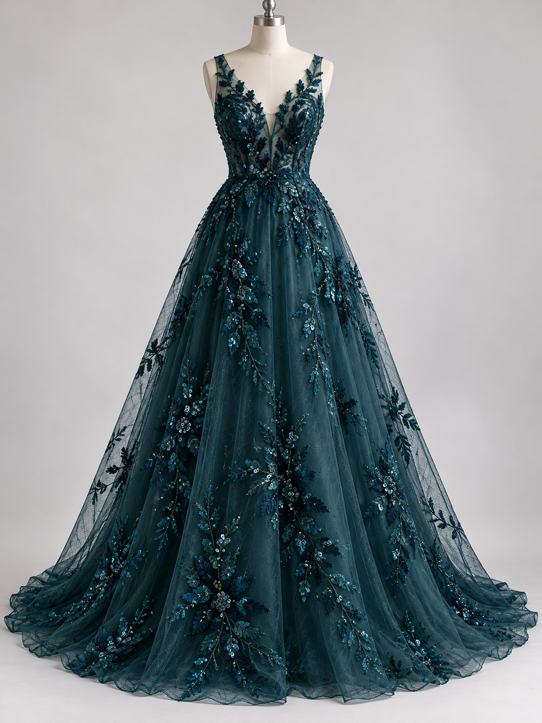 Inspiración de vestido generada con IA: Tul Bordado Con Floral, Lentejuela Y Chaquira Color Botella- HH161 ideal para vestidos de noche de boda y de XV años; se vende la tela.
