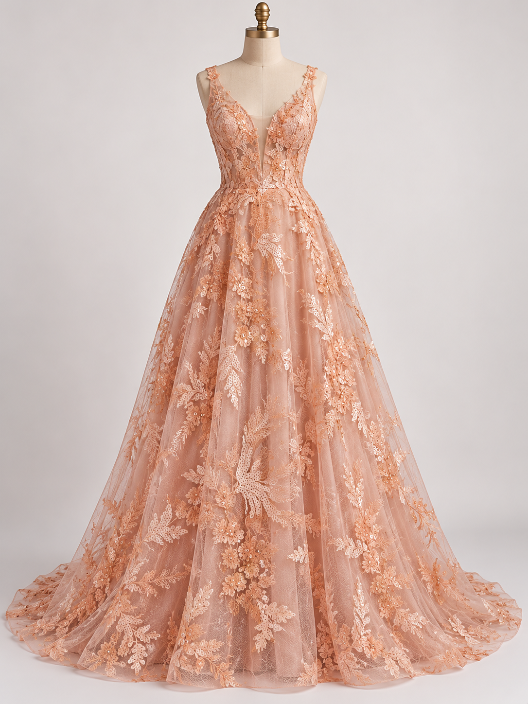 Inspiración de vestido generada con IA: Tul Bordado Con Floral, Lentejuela Y Chaquira Color Blush- HH161 ideal para vestidos de noche de boda y de XV años; se vende la tela.