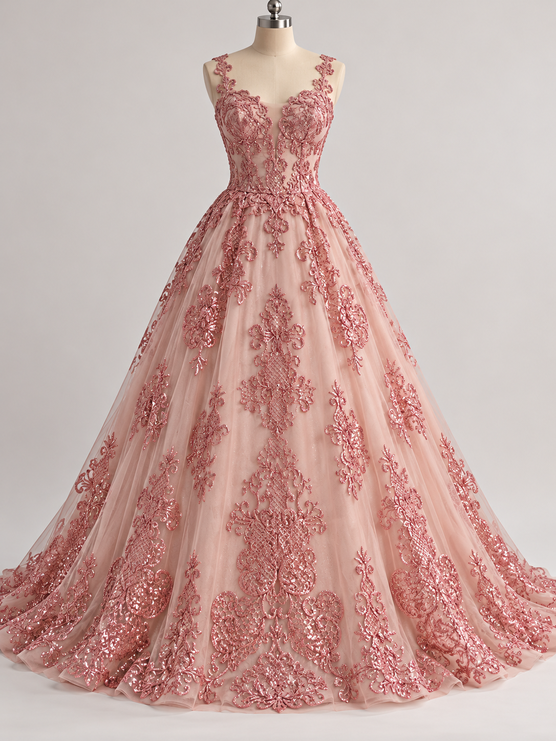 Inspiración de vestido generada con IA: Tul Bordado Con Diseño En Acabado Glitter Color Rosa Piel- HH168 ideal para vestidos de noche de boda y de XV años; se vende la tela.