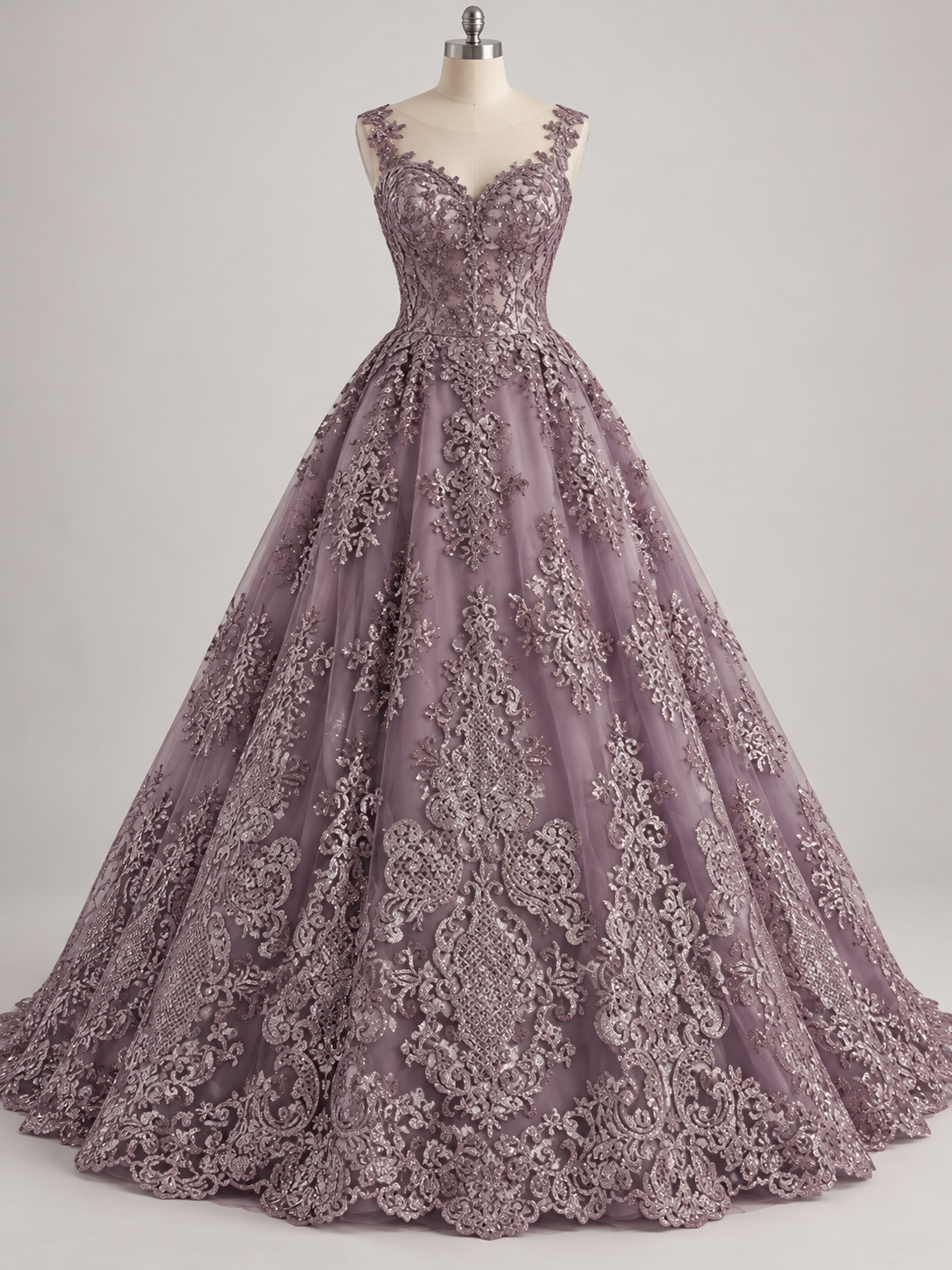 Inspiración de vestido generada con IA: Tul Bordado Con Diseño En Acabado Glitter Color Morado- HH168 ideal para vestidos de noche de boda y de XV años; se vende la tela.