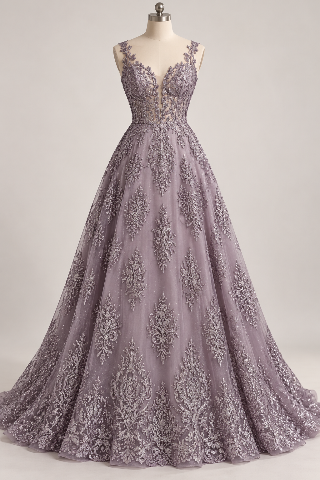 Inspiración de vestido generada con IA: Tul Bordado Con Diseño En Acabado Glitter Color Morado- HH169 ideal para vestidos de noche de boda y de XV años; se vende la tela.