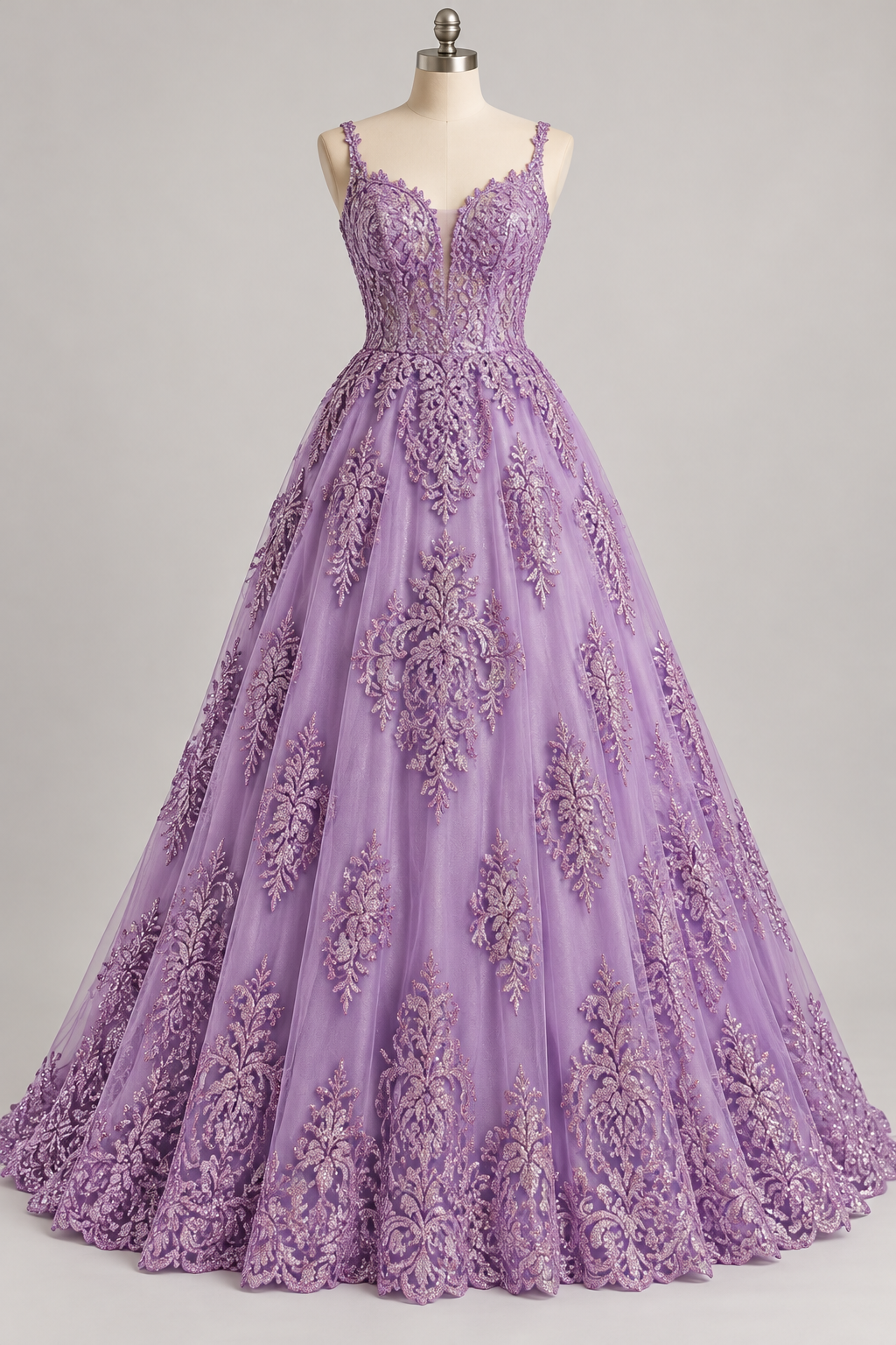Inspiración de vestido generada con IA: Tul Bordado Con Diseño En Acabado Glitter Color Lila- HH169 ideal para vestidos de noche de boda y de XV años; se vende la tela.